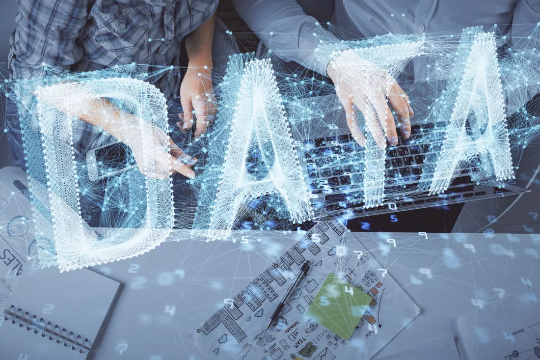 double-exposure-man-woman-working-together-data-theme-hologram-drawing-computer-background-top-view
